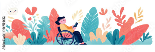Inclusion Concept: A cheerful girl in a wheelchair enjoying a vibrant nature scene, design for card, poster