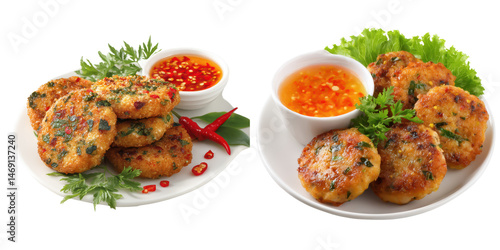 Thai Fish Cake, Spiced fish patties with herbs and sweet chili sauce, Popular Snack, isolated on white background or Transparent PNG
