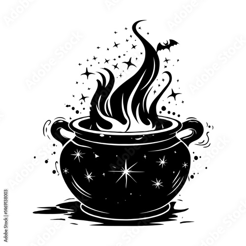 Magical black cauldron with flames, stars and bat on white background in ink style.