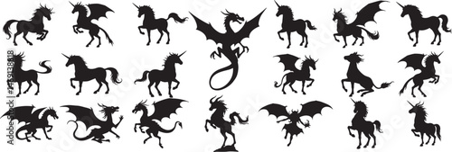Collection of unicorn and dragon silhouettes in various poses on a white background graphic design
