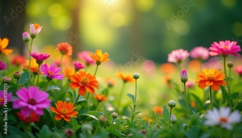 A vibrant, blurred background of colorful flowers in a lush garden , background, sunlight