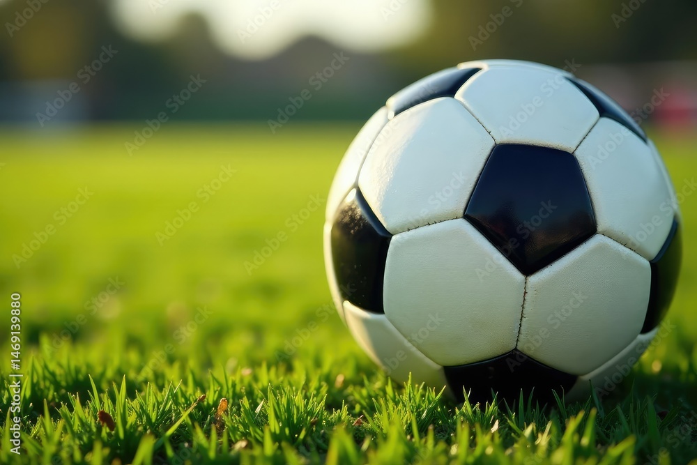 Fototapeta premium Close-up of a soccer ball, laces visible, on a grassy field , game, laces, hobby