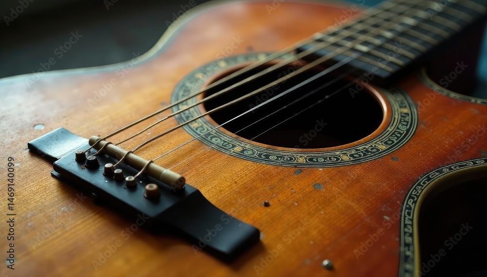 Fototapeta premium Close-up of a worn guitar, bluesy vibe Aged wood, weathered strings, vintage feel , blues guitar, strumming, stage