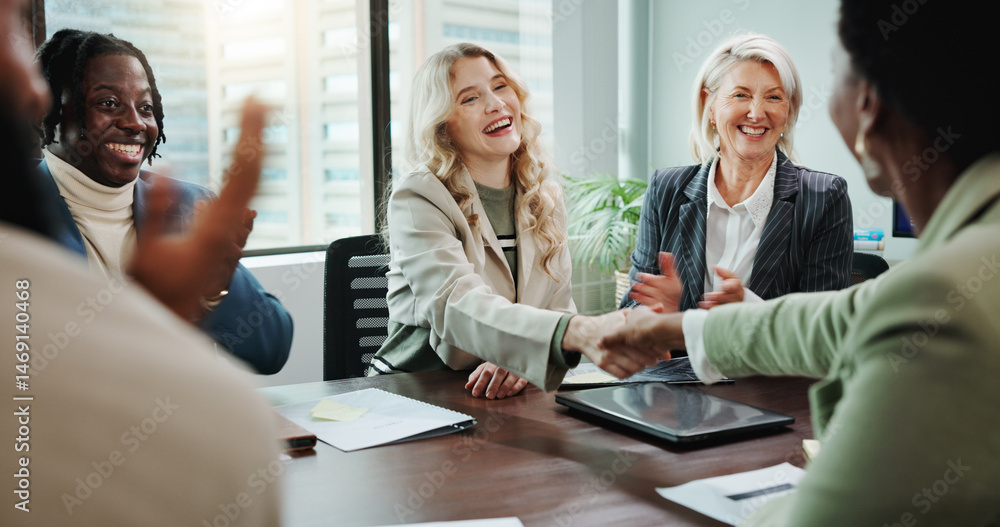 Fototapeta premium Business, people and handshake with applause in meeting for b2b onboarding, welcome offer and partnership. Corporate employees, happy and shaking hands in presentation for negotiation deal or success