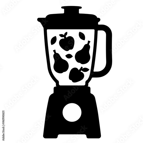 Black and white blender silhouette with fruit and veggies, healthy lifestyle