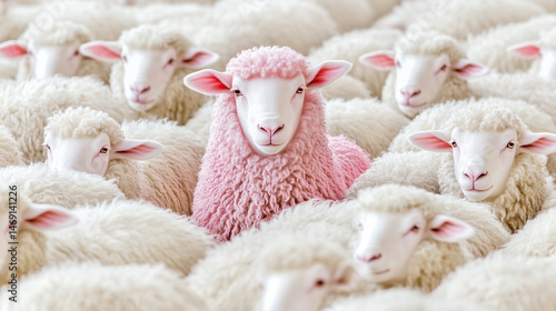 Pink sheep among white sheep. A unique pink sheep stands out in a herd of white sheep, symbolizing individuality and uniqueness.