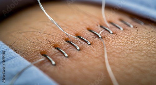 Close-up view of surgical skin staples securing a wound, showcasing the precision of medical stitching and the detail of human skin texture. 