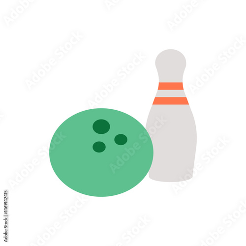 A bowling pin with orange stripes standing next to a green bowling ball with three finger holes on it