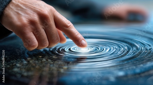 Close-Up of Finger Creating Ripples in a Calm Water Surface