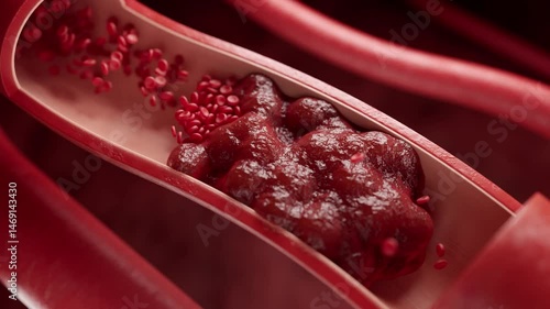 A blood clot forms in a vein. Calcium deposits form on the vessel wall, plaques flow through the vessel, and the clot accumulates and blocks the vessel. Close-up 3D animation.