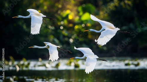 Graceful Flight: A Quartet of Great Egrets Soaring Over the Water