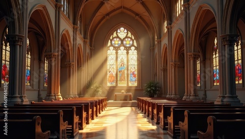 Serene church interior, sunlight streaming through stained glass windows , hymn, shadows, church