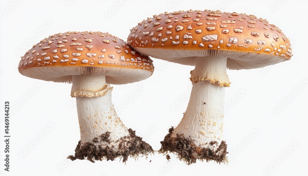 Obraz premium Two vibrant mushrooms with speckled caps