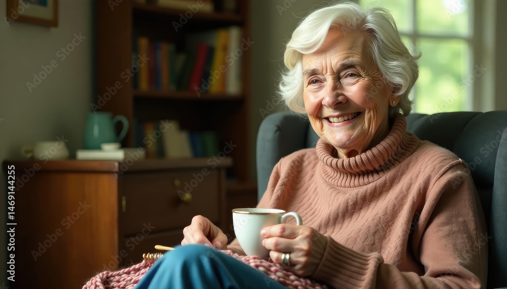 Smiling senior woman enjoying a quiet moment with a cup of tea, knitting needles in her lap , tea, grey hair Smiling senior woman enjoying a quiet moment with a cup of tea, knitting needles in her lap , tea, grey hair