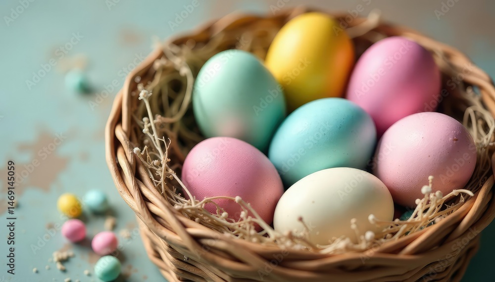 Vibrant pastel Easter eggs in a basket, showcasing a variety of spring colors , basket, orange, candy Vibrant pastel Easter eggs in a basket, showcasing a variety of spring colors , basket, orange, candy