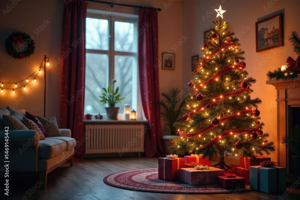 A brightly decorated Christmas tree stands in a cozy living room, surrounded by presents , presents, pine A brightly decorated Christmas tree stands in a cozy living room, surrounded by presents , presents, pine