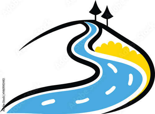 A winding asphalt highway with a long perspective line illustrates the concept of a journey on the road to the sky