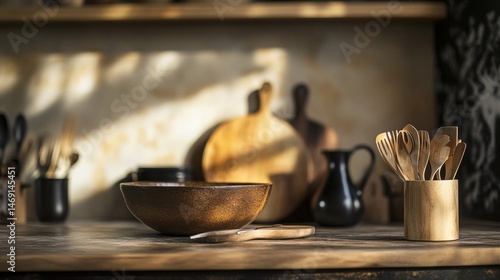 Rustic kitchen shelf with wooden utensils and cutting boards in cozy morning light scene