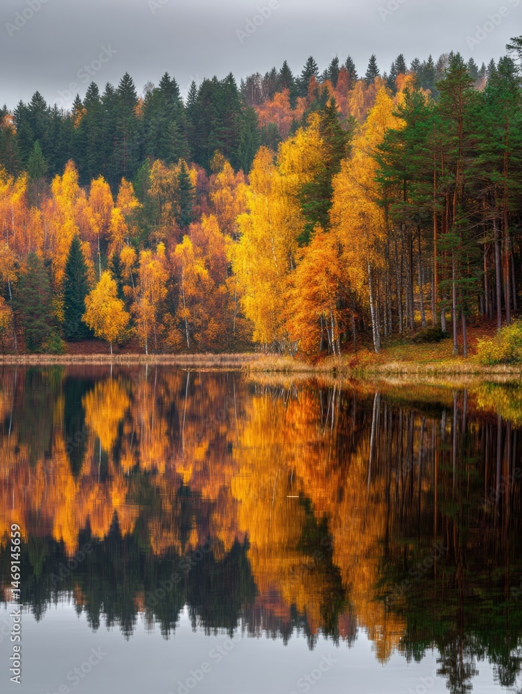 Obraz premium Vibrant Autumn Colors Reflected in Calm Lake Waters Surrounded by Forested Hills Generative AI
