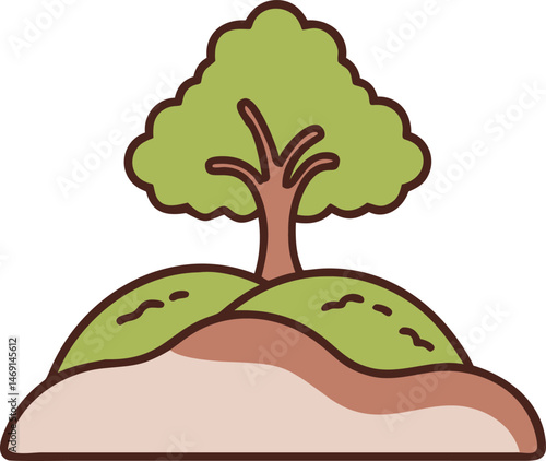 A vibrant vector illustration depicts a green leafy tree under a summer sky, a piece of natural cartoon art