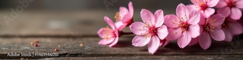 Delicate pink cherry blossoms branch on rustic brown wood table , wood, blossom, spring