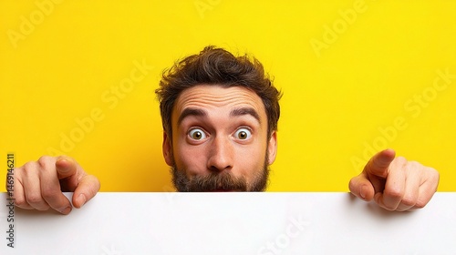 Wide-Eyed Guy Peeking Over White Ledge Against Yellow Background