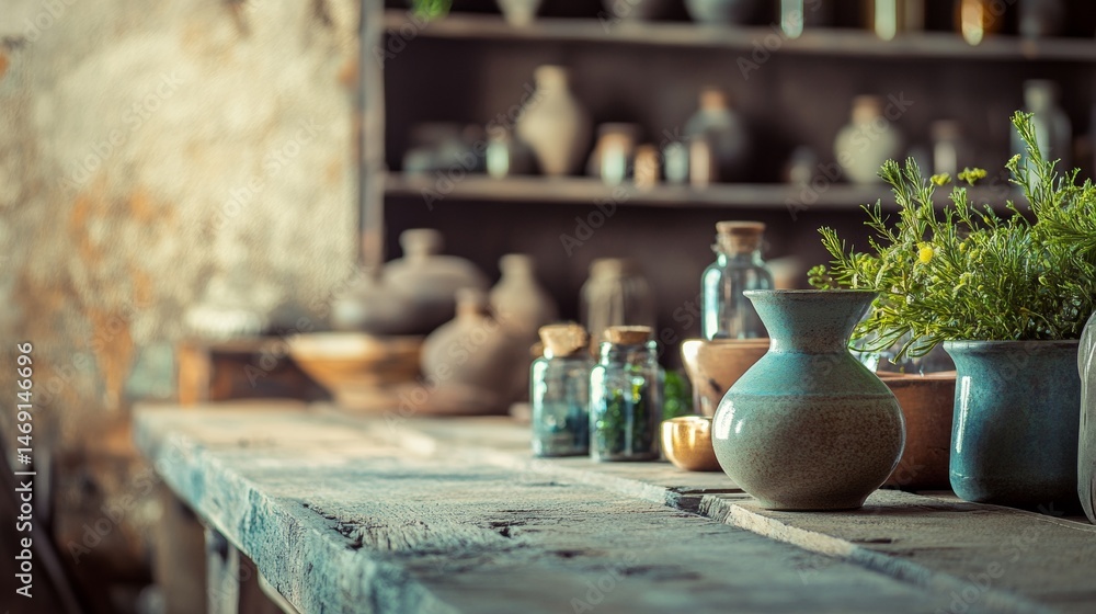 Fototapeta premium Pottery and herbs on wooden table in rustic vintage kitchen with natural soft lighting
