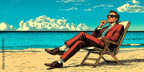 Una Ilustración de un hombre con traje y gafas de sol sentado en la playa