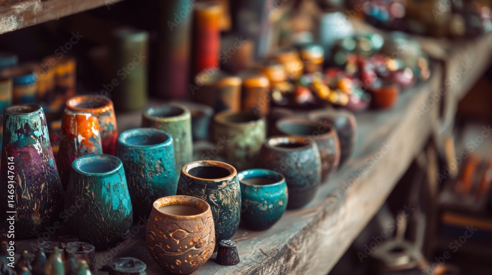 Fototapeta premium Colorful ceramic cups and vases in artisan pottery studio with rustic textures and crafts scene