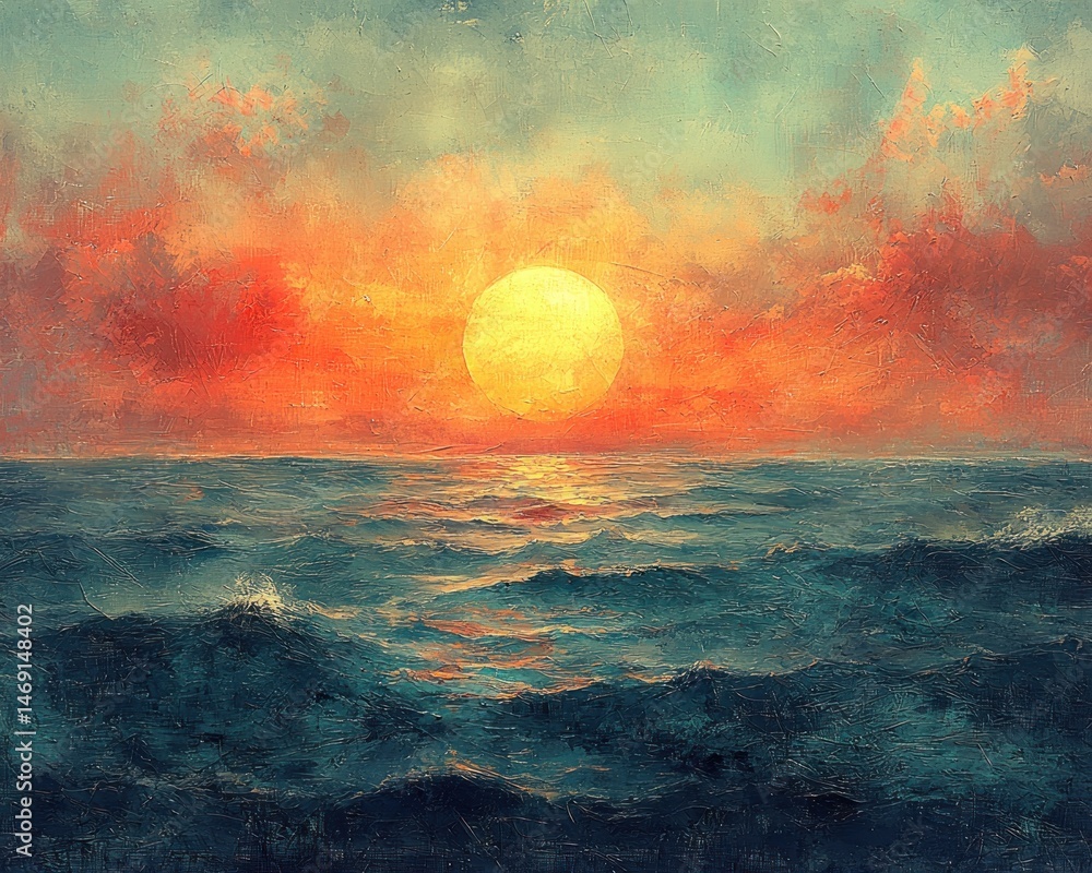 Vibrant sunset over calm ocean waves with colorful clouds reflecting light Vibrant sunset over calm ocean waves with colorful clouds reflecting light