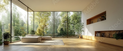 Spacious interior living room with glass walls and natural light