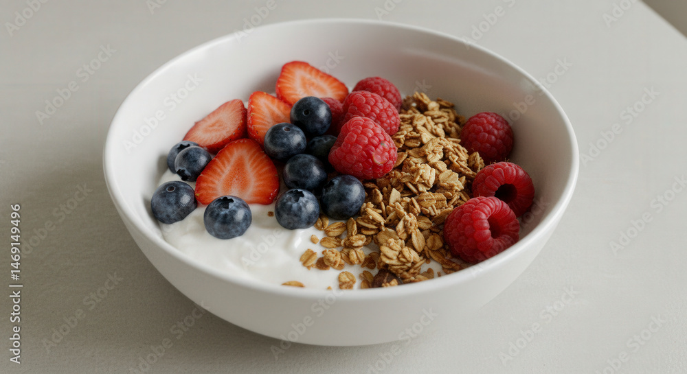 Close Up of a White Bowl Filled With Granola Yogurt And Mixed Berries On a Neutral Gray Surface Close Up of a White Bowl Filled With Granola Yogurt And Mixed Berries On a Neutral Gray Surface