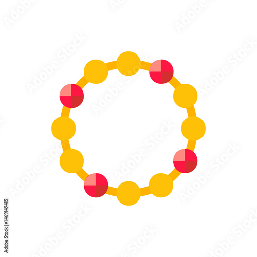 A circular arrangement of yellow and partially red circles connected by yellow lines forming a ring shape