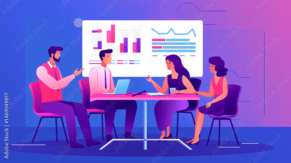 Flat vector illustration of three people sitting at a table, discussing a financial analysis chart.
Flat vector illustration of three people sitting at a table, discussing a financial analysis chart.