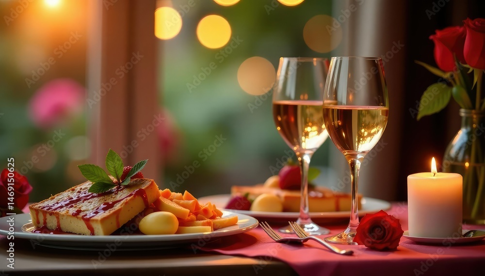 Fototapeta premium Happy anniversary celebration, romantic setting with decorations and delicious food , elegant, table, vibrant