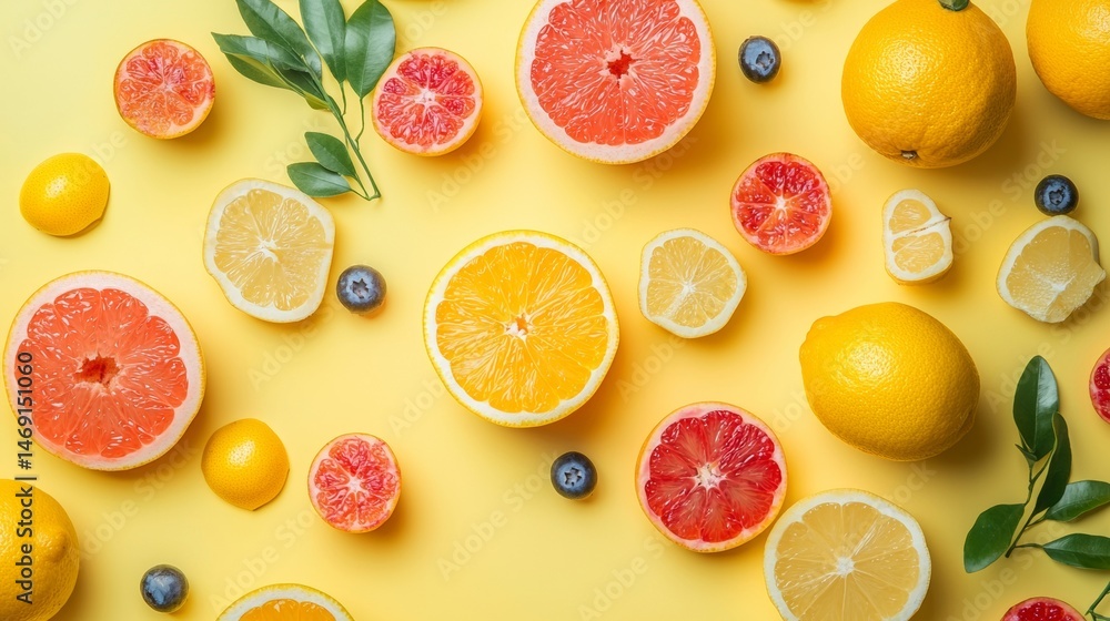 Citrus slices arranged on yellow surface in summer fruit flatlay with vibrant color fresh scene Citrus slices arranged on yellow surface in summer fruit flatlay with vibrant color fresh scene