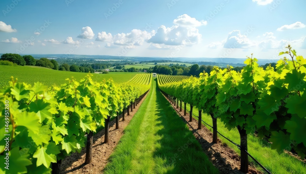 Fototapeta premium Lush green vineyard landscape at a winery, sunny day , rural, vineyard, texture