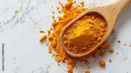 Fototapeta Naklejka Na Ścianę i Meble -  Golden spice powder spills from a wooden spoon.