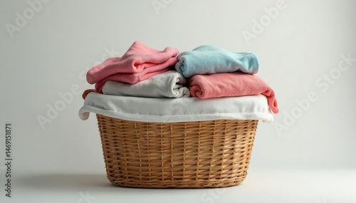 Oversized laundry basket overflowing with clean, folded laundry, ready for storage , clean, washing