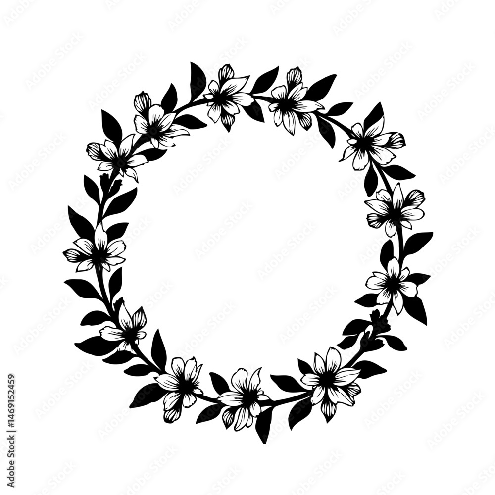 Botanical circle frame crafted with flowering branches and foliage, elegant design Botanical circle frame crafted with flowering branches and foliage, elegant design