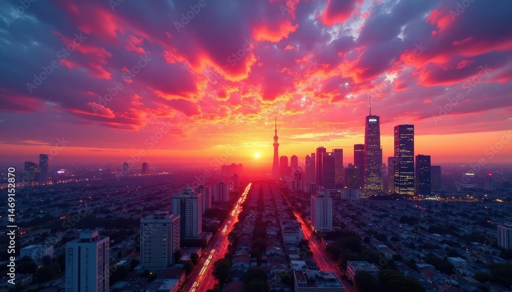 Fototapeta premium Stunning sunset colors paint the city skyline, vibrant hues across buildings and sky , photograph, atmospheric, sky
