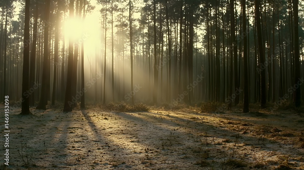 Fototapeta premium Serene Forest Landscape with Sunlight Filtering Through Tall Trees and Misty Atmosphere