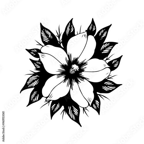Intricate monochrome floral arrangement, featuring delicately sketched flower