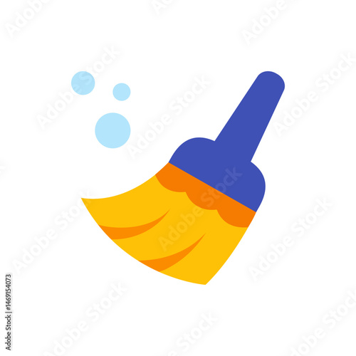 Illustration of a broom with a blue handle and yellow bristles and three light blue bubbles nearby