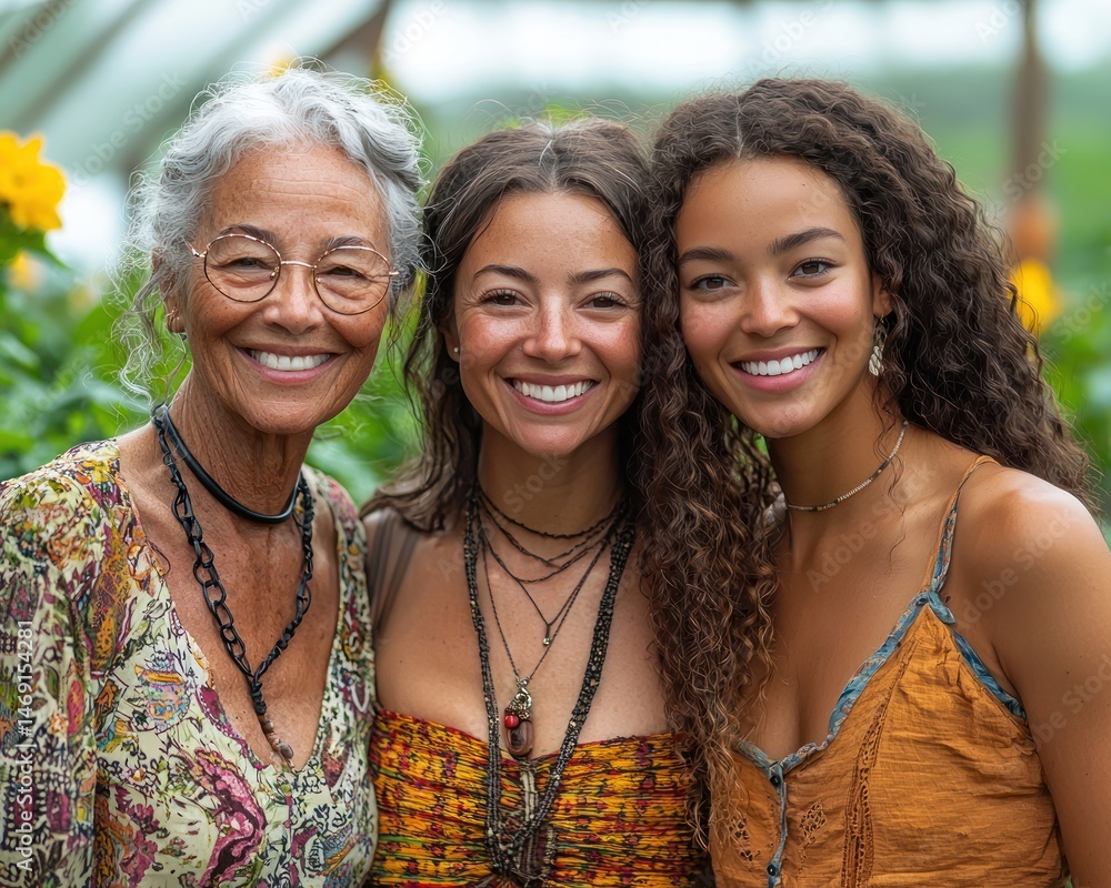 Three women of diverse backgrounds smiling together in a vibrant flower garden Three women of diverse backgrounds smiling together in a vibrant flower garden