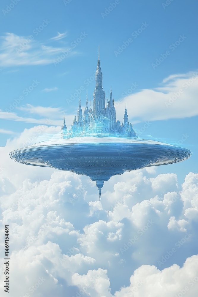 Naklejka premium Floating futuristic castle above clouds in bright blue sky fantasy scene.