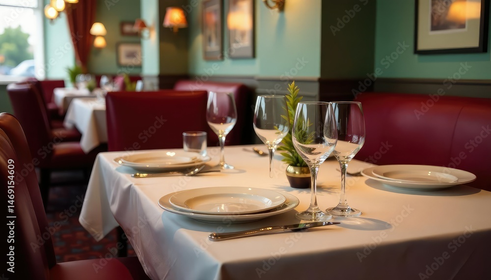 Fototapeta premium A classic diner table setting with plates, cutlery, and glasses , cutlery, drink