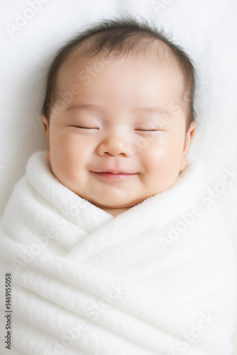 sleeping asian baby wrapped in white blanket with peaceful smile