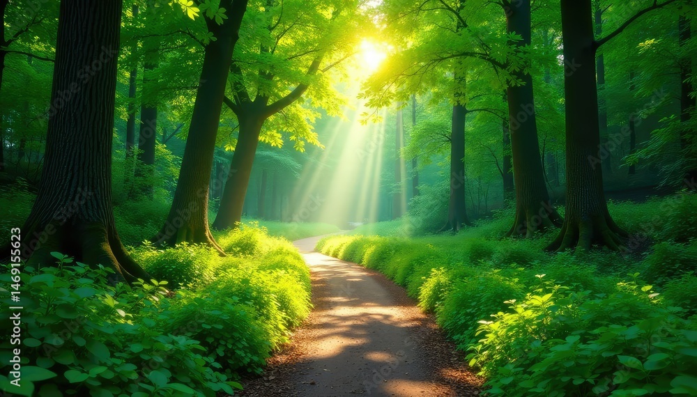 Obraz premium A winding path through a lush forest, sunlight dappling the leaves , outdoor, environment, curve