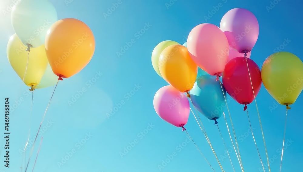 Brightly colored balloons floating against a clear blue sky, promoting a sale or event , promotion, vibrant, discount Brightly colored balloons floating against a clear blue sky, promoting a sale or event , promotion, vibrant, discount